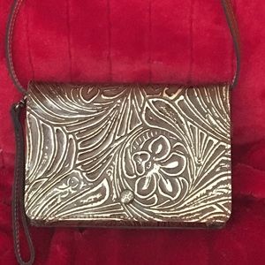 Patricia Nash convertible crossbdy organizer clutch wristlet brown metallic gld
